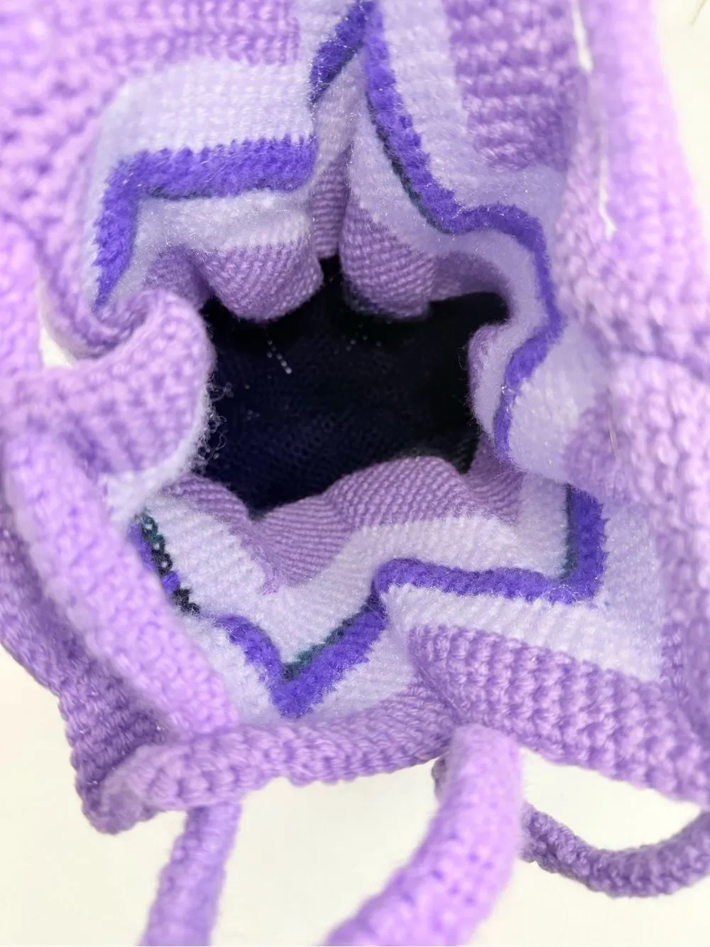 Hand Crafted Purple Striped Knit Tulip Shape Drawstring Strap Hobo Slouch Bag